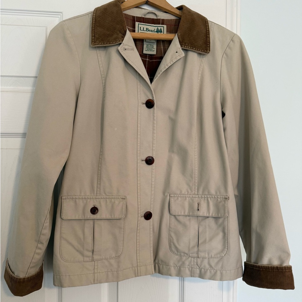 L.L. Bean Stone Canvas Adirondack Barn Coat w/ Brown Corduroy trim flannel-lined